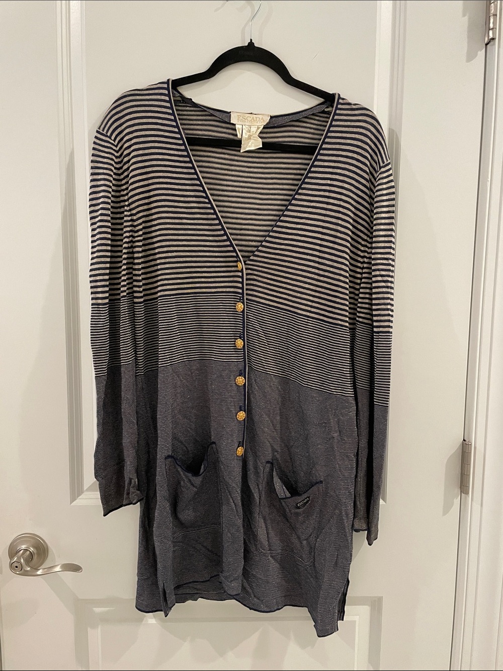 Vintage Escada Navy and Cream Striped V-Neck Cardigan with Gold Buttons